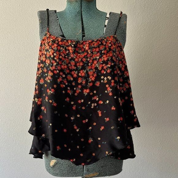 Free People Intimately Womens Black Floral Spaghetti Strap Ruffle Cami Top Med - Picture 2 of 9